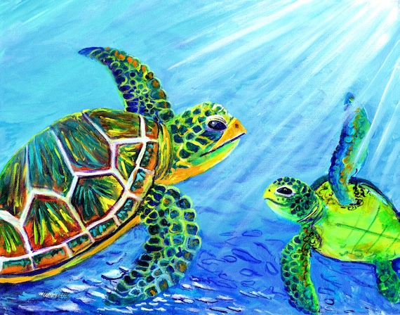 Sea Turtle Wall Art, Two Turtles, Turtle lovers, Hawaiian Honu, Nursery art, Ocean decor, Under the sea, aloha art, Turtle Painting