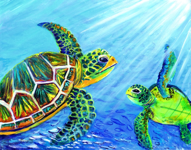 May include: A painting of two green sea turtles swimming in blue water. The larger turtle is in the foreground and the smaller turtle is in the background. The water is illuminated by a bright light source above.