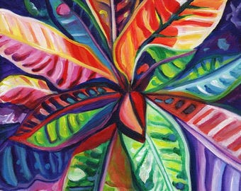 May include: A vibrant painting of a tropical plant with large, colorful leaves. The leaves are painted in shades of red, orange, yellow, green, blue, and purple. The painting is done in a stylized, abstract style.