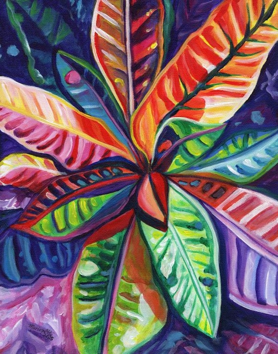 Colorful Croton from Kauai Hawaii Original Acrylic Painting, Rainbow Croton Plant Art