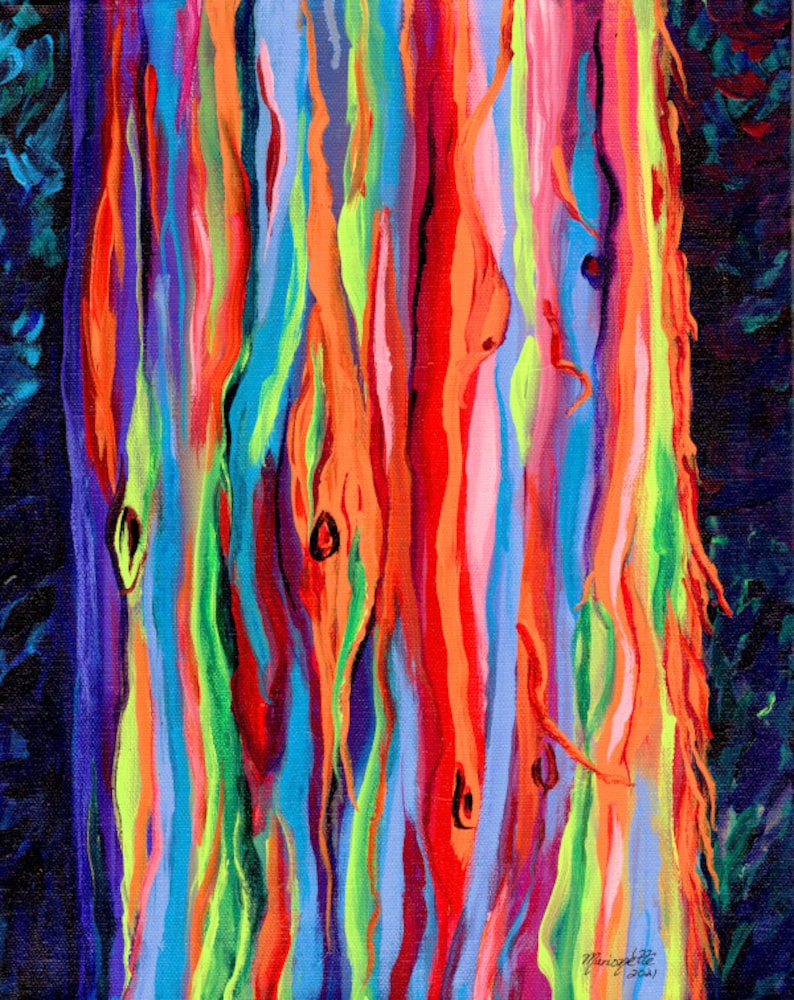 May include: Abstract painting of a colourful tree trunk with vibrant hues of blue, green, orange, red, and pink. The bark is depicted with a textured, layered effect, creating a sense of depth and movement.