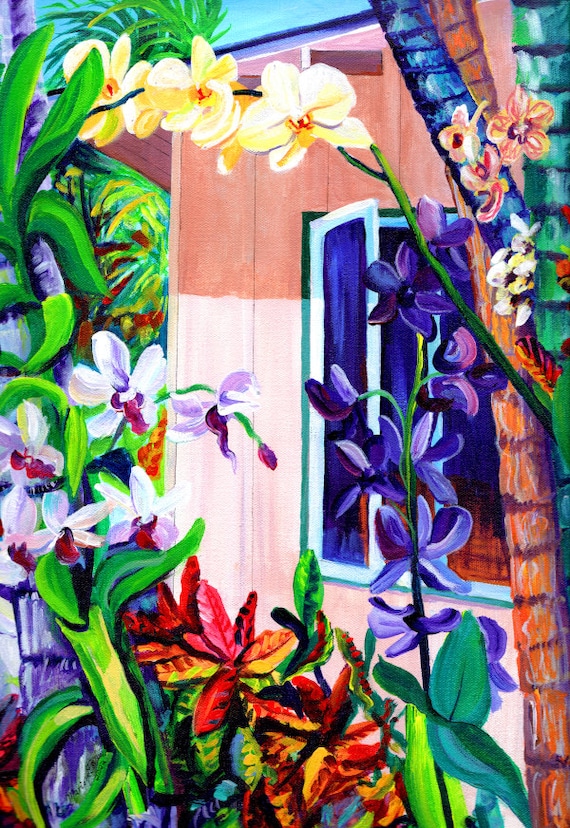 Tropical Poipu Garden, Kauai Art Print, Hawaiian Paintings, Hawaii Art, Colorful Tropical Orchids, Fairy Tale Gardens, Plantation House