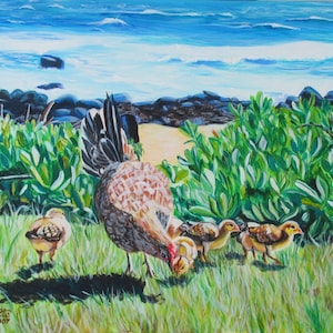 Kauai chickens at the Beach art print, Hen and chick artwork , kauai made, baby chicks, Whimsical Animal Painting, Kids Room, Nursery, Gift