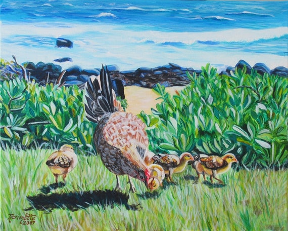 Kauai chickens at the Beach art print, Hen and chick artwork , kauai made, baby chicks, Whimsical Animal Painting, Kids Room, Nursery, Gift