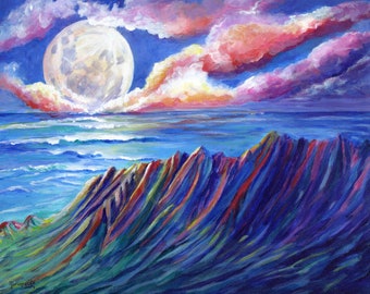 Kalalau Valley Art Print from Kauai Hawaii with Full Moon