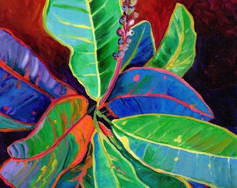 Hojas de crotón, impresión artística de crotón, hojas tropicales, plantas hawaianas, arte de Hawái, follaje tropical, arte de Kauai, arte de Maui, pinturas de Oahu