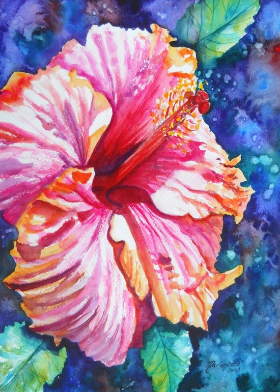 Hibiscus art, tropical flower art, hibiscus print, pink hibiscus, exotic flower art, Hawaii painting, watercolor hibiscus