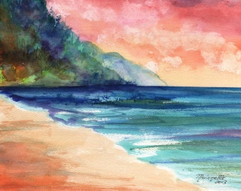 sunset art, sunrise print, kauai beach, Kauai prints,  hawaii beaches, hawaiian paintings, ocean waves, kee beach, na pali coast