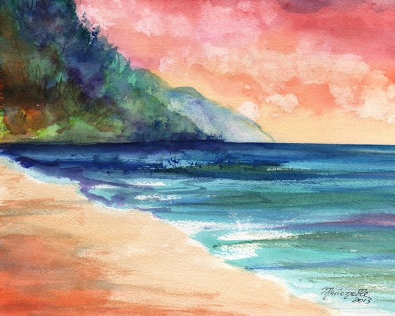 sunset art, sunrise print, kauai beach, Kauai prints,  hawaii beaches, hawaiian paintings, ocean waves, kee beach, na pali coast