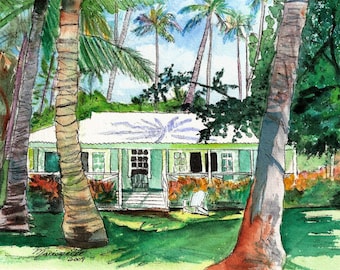 Kauai Plantation Cottage - Kauai Art Print - Hawaiian Wall Decor - Tropical House Art - Waimea Plantation Cottages - Hawaiian Art