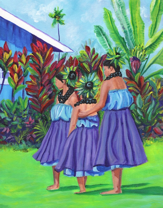 The Hula Dancers, Kauai Art Print, Hawaii Art, Tropical Decor, Hawaiian Hula Girls, Merrie Monarch, Dancing, Aloha, Mahalo, Three Girls