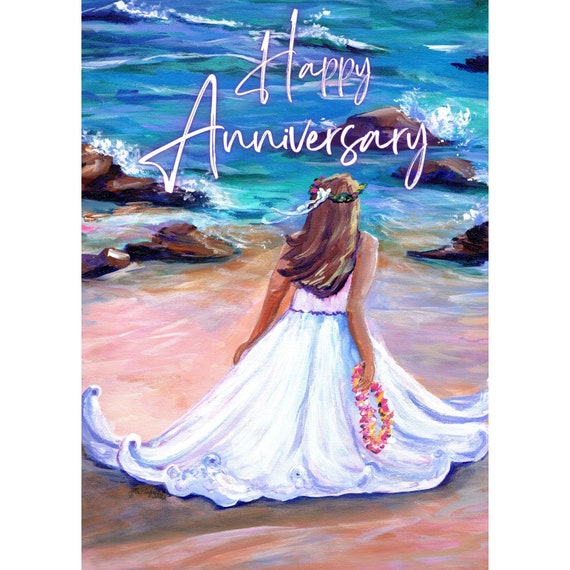 DIY Happy Anniversary Card, Printable, Beach Lady Woman Girl, Greeting, PDF 5x7, print it yourself, download, ocean wave, Kauai Oahu Maui