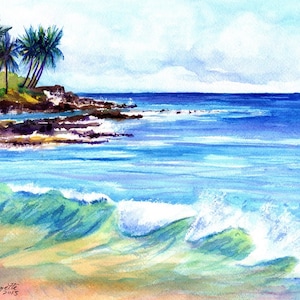 Brennecke's Beach Art Print, Kauai Artwork, Poipu, Ocean Painting, Hawaiian Art, Hawaii Watercolor, Surf Wave, tropical gifts, wall decor