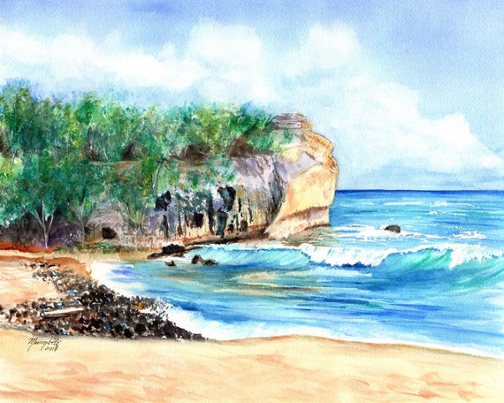 Shipwrecks Beach Hawaii, Shipwreck beach kauai, poipu beach kauai, kauai wedding art, beach wedding print, watercolor print, kauai art