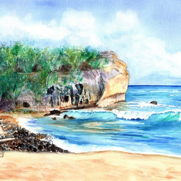 Shipwrecks Beach Hawaii, Shipwreck beach kauai, poipu beach kauai, kauai wedding art, beach wedding print, watercolor print, kauai art