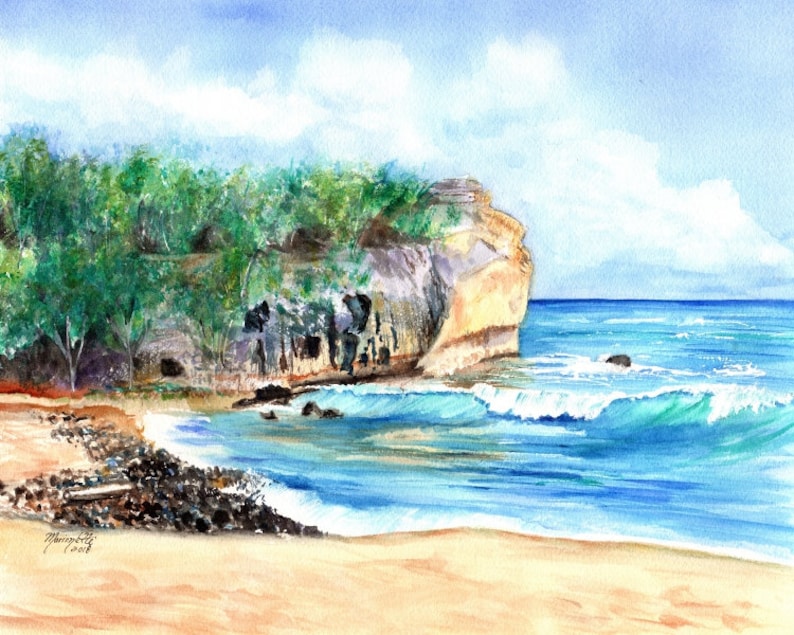 Shipwrecks Beach Hawaii, Shipwreck beach kauai, poipu beach kauai, kauai wedding art, beach wedding print, watercolor print, kauai art image 1