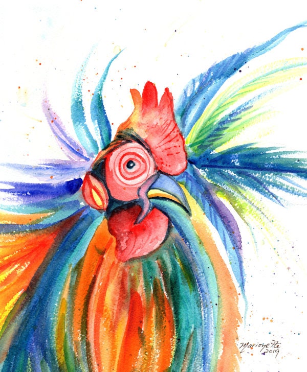 Rooster Decor Rooster Painting Watercolor Rooster Kauai