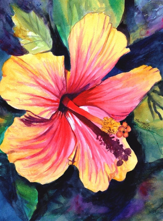 Hibiscus Print, Hibiscus Art, Hibiscus Painting, Pink Red Hibiscus, Tropical Flower art, Hawaii art, Hawaiian Hibiscus, Hawaiiana, Kauai art