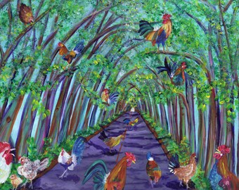 Puede incluir: Una pintura colorida de un camino bordeado de árboles, con muchos gallos y gallinas caminando y posados en las ramas. El camino conduce a un claro en la distancia. La pintura está hecha en un estilo caprichoso con colores brillantes y pinceladas audaces.