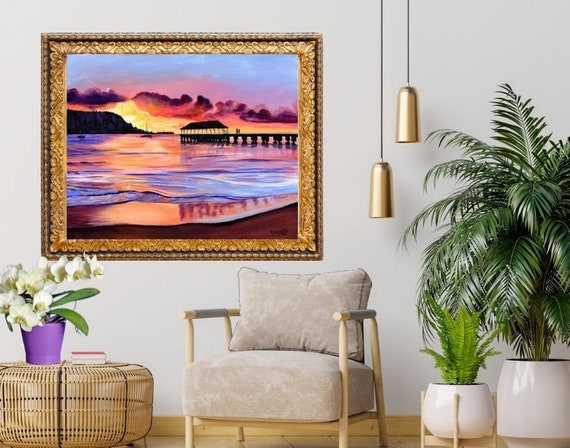 Hanalei Pier Kauai Artwork, Hawaiian Decor, Hawaii Prints, Tropical Sunset, Seascape, Travel Wall Art