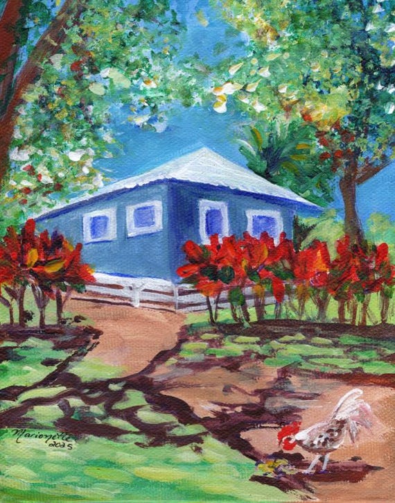 Waimea Plantation Cottage with Rooster Art Print from Kauai Hawaii, Tropical, Whimsical
