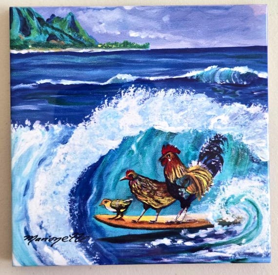 Surf's Up Ceramic Tile, Kauai Hawaii Art by Marionette, Trivet