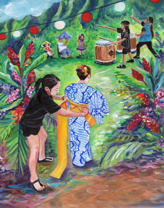 Kauai Bon Dance Art Print from Kauai Hawaii, Japanese Ancestral Celebration, Taiko Drummer, Yukata