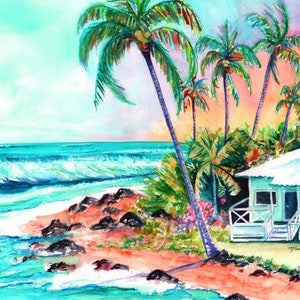 Cottage on the Beach, Kauai beach art, Hawaii art, Hawaiian artwork, Kauai painting, House by the Sea, Hawaii Seascape, Hawaiian Vacation