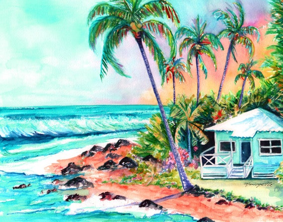 Cottage on the Beach, Kauai beach art, Hawaii art, Hawaiian artwork, Kauai painting, House by the Sea, Hawaii Seascape, Hawaiian Vacation