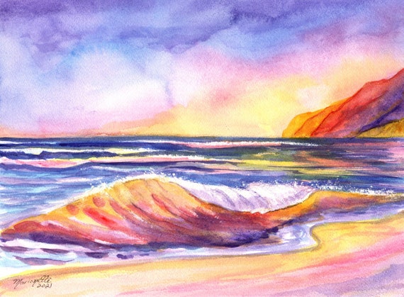 Kauai Polihale Sunset, Beach Waves, Original Watercolor, Hawaiian Paintings, Kauai Seascapes, Tropical ocean waves, Hawaii Decor, Kauai Art