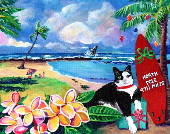 Mele Kalikimaka Kitty at Poipu Beach, Hawaii Christmas Art, Fun Christmas Beach Print, Tropical Christmas, Cat Lovers Holiday Art, Kauai