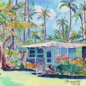 Kauai Blue Cottage, Plantation House, Kauai art, Hawaiian art, whimsical cottage, watercolor cottage, kauai house, Hawaiian house, Hale