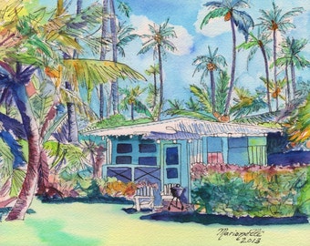 Kauai Blue Cottage, Plantation House, Kauai art, Hawaiian art, whimsical cottage, watercolor cottage, kauai house, Hawaiian house, Hale