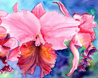 Puede incluir: Una pintura de acuarela de una orquídea rosa con un centro naranja y rojo vibrante. La orquídea está pintada sobre un fondo azul y morado.