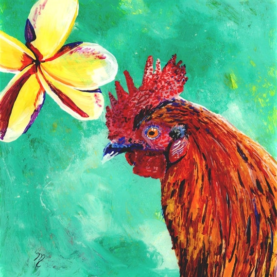 Rooster Decor, Rooster Kitchen Decor, Rooster Art Print, Rooster Painting, Hawaii Rooster, Hawaiian Rooster, Chicken Art, Rooster Gifts