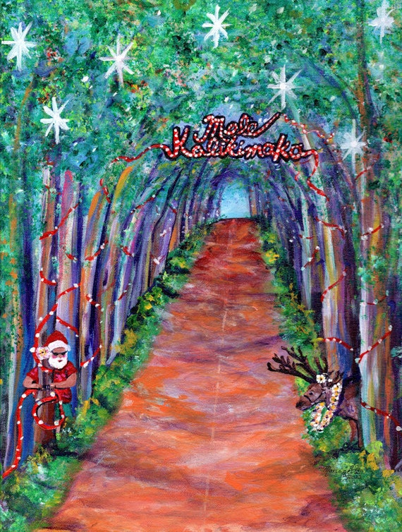 Mele Kalikimaka Kauai Tree Tunnel, Hawaii Christmas Art, Hawaiian Santa, Kauai Christmas, Santa Claus and Reindeer, Funny Mele Kalikimaka