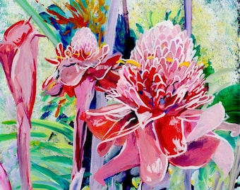 Puede incluir: Una pintura de flores de jengibre rosas y rojas con acentos blancos. Las flores están en un exuberante entorno tropical verde.