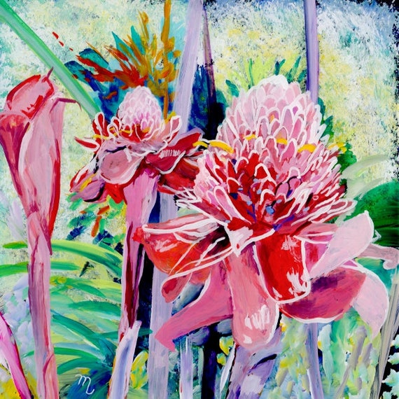 Torch Ginger Art Print, Hawaiian art, ginger flower, tropical flowers, torch ginger painting, tropical garden, Hawaii paintings, Hawaii art