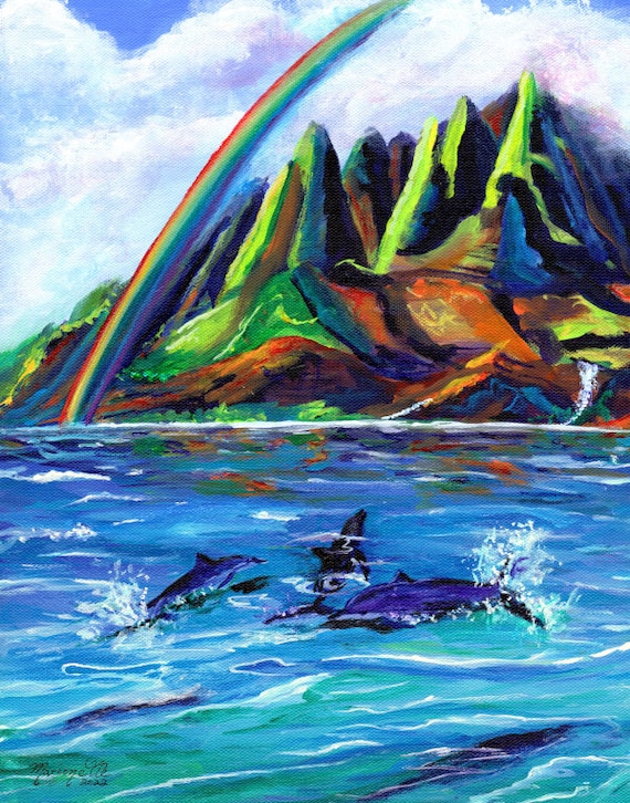 Swimming Dolphins at Kauai Na Pali Coast, Hawaii Art Print,  Hawaiian Artwork, Rainbow,  Ocean Life, Travel Art, Sea Animal, Kids Room