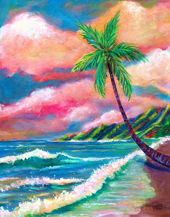 Tropical Na Pali Coast Art of Kauai Hawaii, Seascape Painting, Hawaii Decor, Hawaiian Painting, Tropical Print, Hawaii Wall Art, Palm Tree