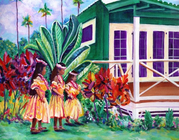 Keiki Hula by the Cottage Art Print from Kauai Hawaii, Waimea Plantation Cottages, Hawaiian, Children Dancing