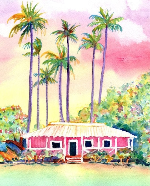 Hawaii Decor, Hawaii Art, Plantation Cottage Print, Kauai Cottage Art, Hawaii Painting, Kauai Waimea Cottages, Pink House, Tropical House