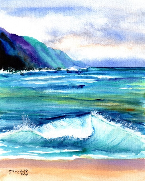 kauai art print hanalei sea ocean beaches sand hawaiian paintings artwork giclee print tropical painting kauaiartist marionette beach