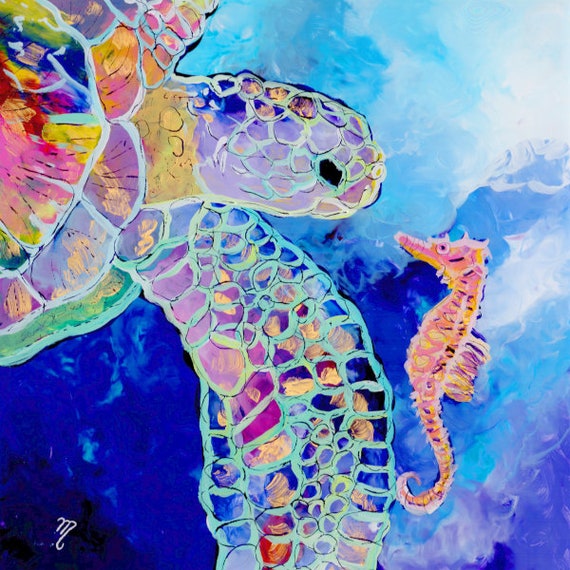 Turtle with Seahorse Print, Sea Turtle Art, Under the Sea, Ocean Life, Sea Horse Art, Hawaiian Honu, Swimming Turtle, Kauai Art, Hawaii Art