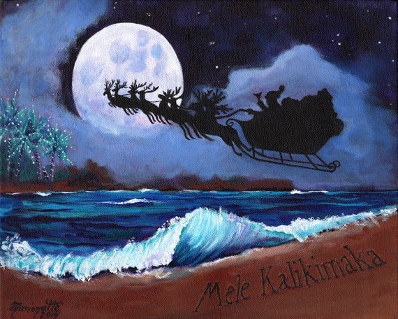 Mele Kalikimaka from the Beach print with Hawaiian Santa from Kauai Hawaii Christmas full moon ocean Christmas in July