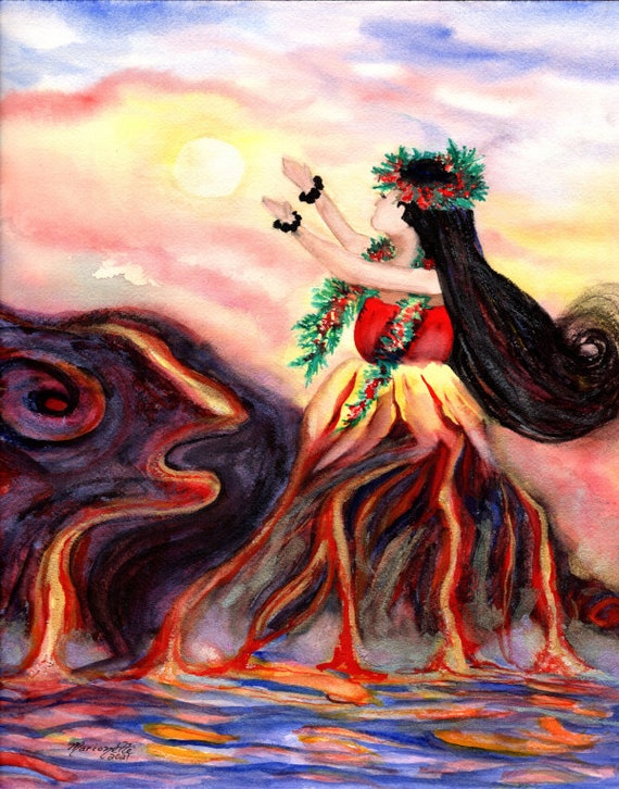 Madame Pele print, Hawaiian Paintings, Goddess Art, Hula Watercolor, Hawaii decor, Volcano Fire, Big Island