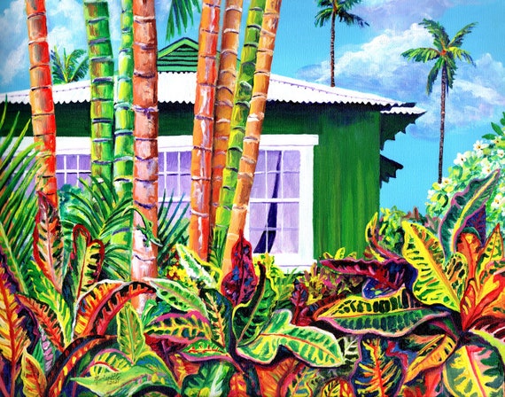 Plantation Cottage with Crotons, Hawaii Fine Art Print,  Hawaiian Hale, Croton Plants, Palm Trees, Hawaii Wall Art, Kauai Houses