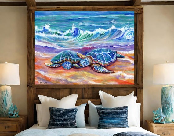 Hugging Green Sea Turtles at Poipu Beach Kauai Large Art Print on Fine Art Paper or Poster