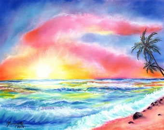 Sunset Print, Hawaiian Sunset, Sunset Painting, Hawaii Painting, Tropical Sunset Art, Kauai Beach Art, Kauai Painting, Tropical Print
