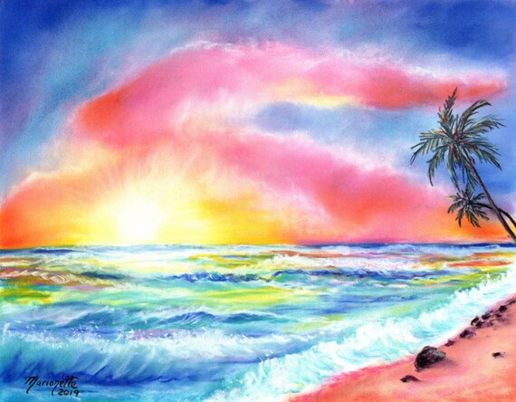 Sunset Print, Hawaiian Sunset, Sunset Painting, Hawaii Painting, Tropical Sunset Art, Kauai Beach Art, Kauai Painting, Tropical Print